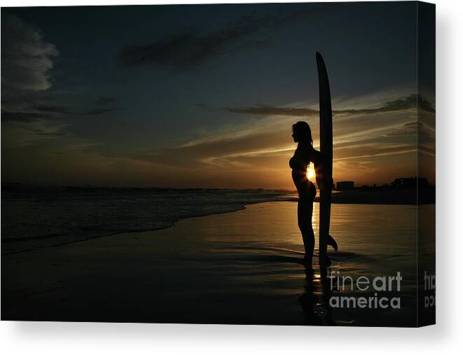 Orange Color Canvas Print featuring the photograph Sexy Silhouette Surfing Sunset At Beach by Shanekato