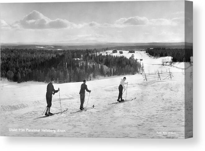 Man Canvas Print featuring the painting Skiers at Helleberg family hotel Alsen Jamtland Sweden by Celestial Images