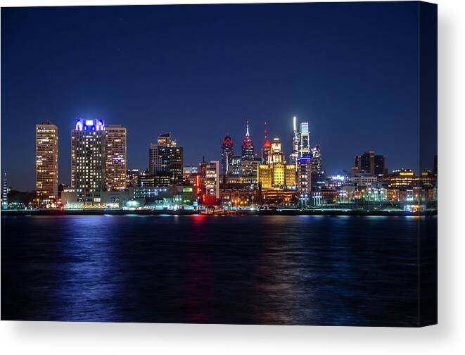 Skyline Canvas Print featuring the photograph Skyline at Night - Philadelphia Cityscape by Bill Cannon