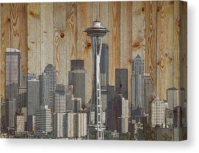 Seattle Canvas Print featuring the mixed media Skyline of Seattle, USA on Wood by Alex Mir