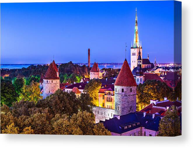 Trees Canvas Print featuring the photograph Skyline Of Tallinn, Estonia At Sunset by Sean Pavone