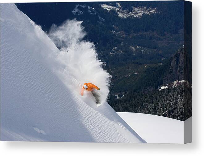 People Canvas Print featuring the photograph Snowboard Slashes Powder by Russell Dalby Photography Www.russelldalby.com