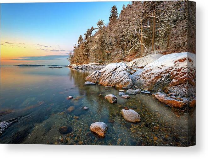 Photography Canvas Print featuring the photograph Snowy Shoreline in Wolfe's Neck Woods by Rick Berk