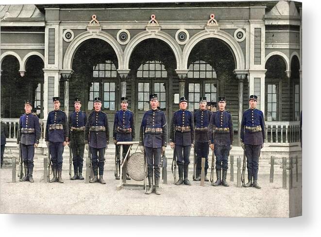 Colorized Canvas Print featuring the painting Soldiers from Skaraborgs Regemente by Gustaf Simon Ander 1910 colorized by Ahmet Asar by Celestial Images