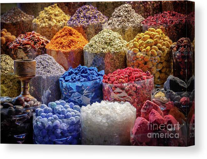 Spices Canvas Print featuring the photograph Spices souk in Dubai by Delphimages Photo Creations