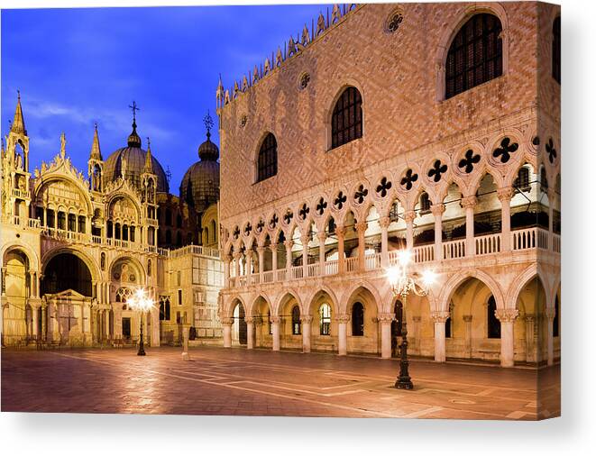 Veneto Canvas Print featuring the photograph St. Marks Basilica, Doges Palace At Dusk by Jorg Greuel