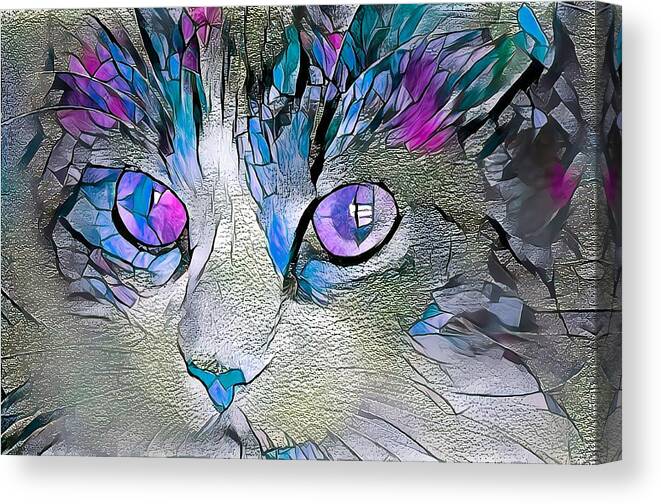 Glass Canvas Print featuring the digital art Stained Glass Cat Portrait Purple and Blue by Don Northup