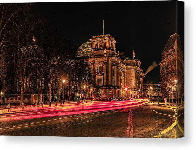 #germany #berlin #europe Canvas Print featuring the photograph Stars & Trails At Berlin Parliament. by Yogesh Bhatia