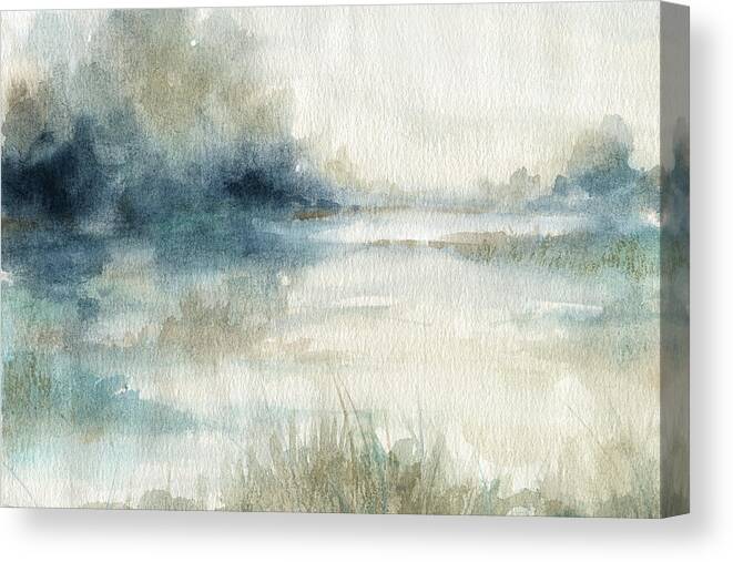 Watercolor Landscape Water Trees Blues Contemporary Canvas Print featuring the painting Still Evening Waters 2 by Carol Robinson