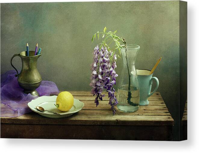 Purple Canvas Print featuring the photograph Still Life With Purple Flowers by Copyright Anna Nemoy(xaomena)