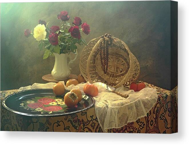 Roses Canvas Print featuring the photograph Still Life With Tray And Roses by Ustinagreen