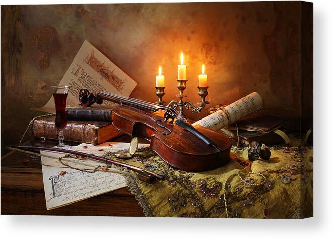 Music Canvas Print featuring the photograph Still Life With Violin And Candles by Andrey Morozov