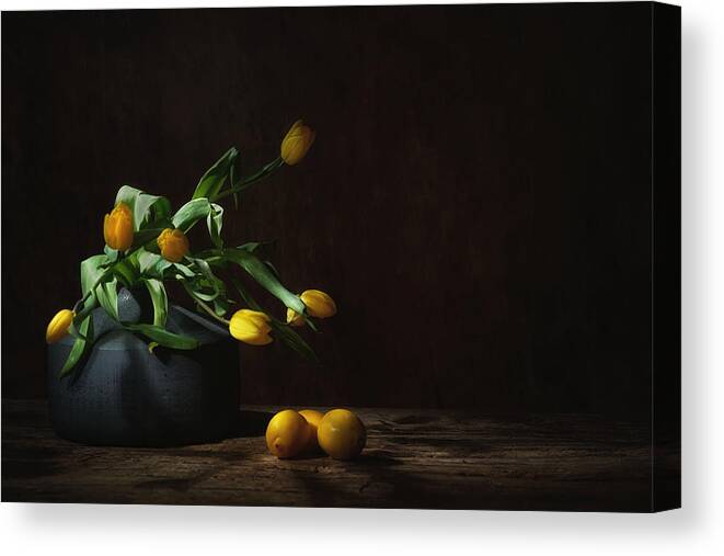 Tulips Canvas Print featuring the photograph Still Life With Yellow Tulips, by Saskia Dingemans