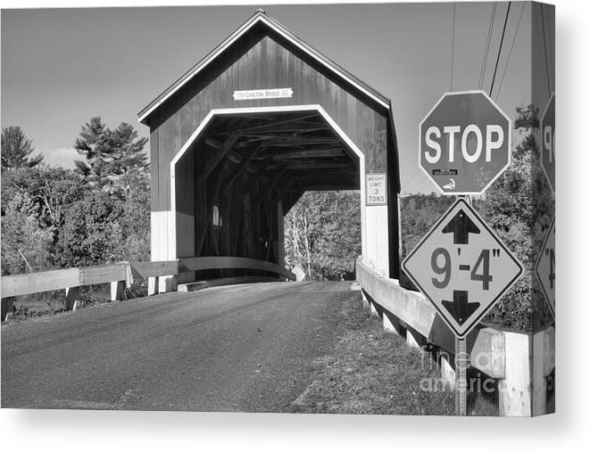 Carleton Covered Bridge Canvas Print featuring the photograph Stop At The Carleton Covered Bridge Black And White by Adam Jewell