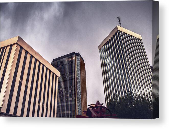 Tucson Canvas Print featuring the photograph Storm Clouds over downtown Tucson, Arizona buildings by Chance Kafka