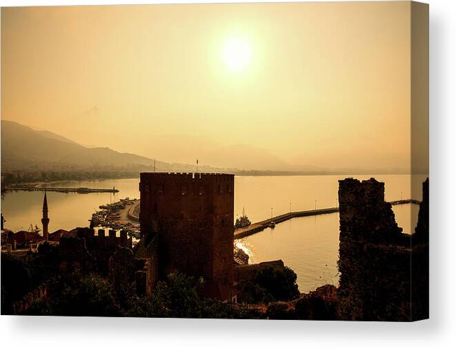 Sunrise Canvas Print featuring the photograph Sunrise above the red tower of Alanya by Sun Travels
