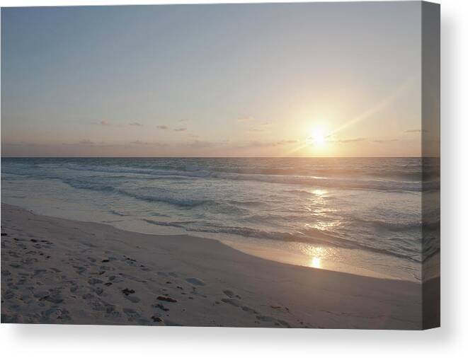 Tranquility Canvas Print featuring the photograph Sunrise On Beach With Ocean by Sasha Weleber