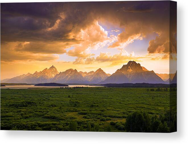  Canvas Print featuring the photograph Sunset At Grand Teton by Wenjin Yu