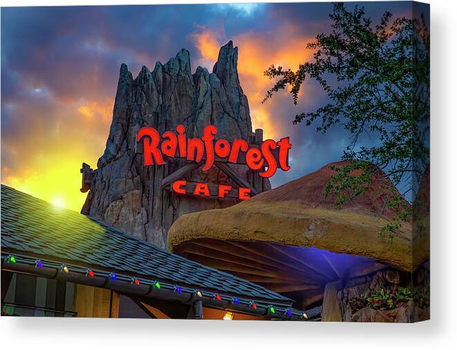 Rainforest Cafe Canvas Print featuring the photograph Sunset at the Rainforest Cafe by Mark Andrew Thomas