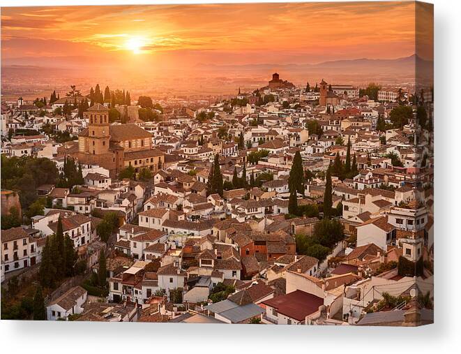 Landscape Canvas Print featuring the photograph Sunset Cityscape Of Granada, Andalucia by Jan Wlodarczyk