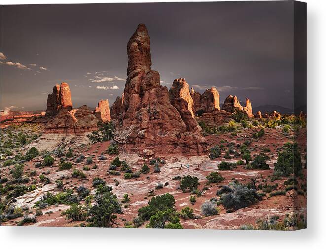 Landscape Canvas Print featuring the photograph Sunset In Arches National Park, Utah by DPK-Photo