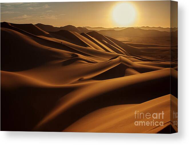 Heat Canvas Print featuring the photograph Sunset In Sahara Desert by Anna Gibiskys