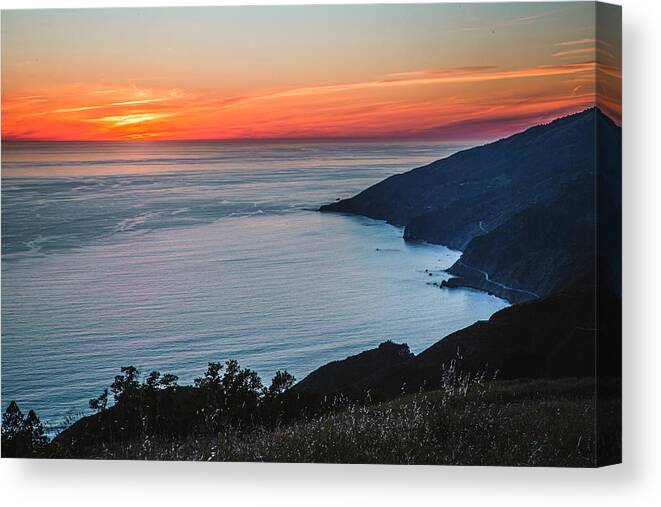 Big Sur Canvas Print featuring the photograph Sunset Over Pacific Ocean And Big Sur Coast From Mountain Peak. by Cavan Images