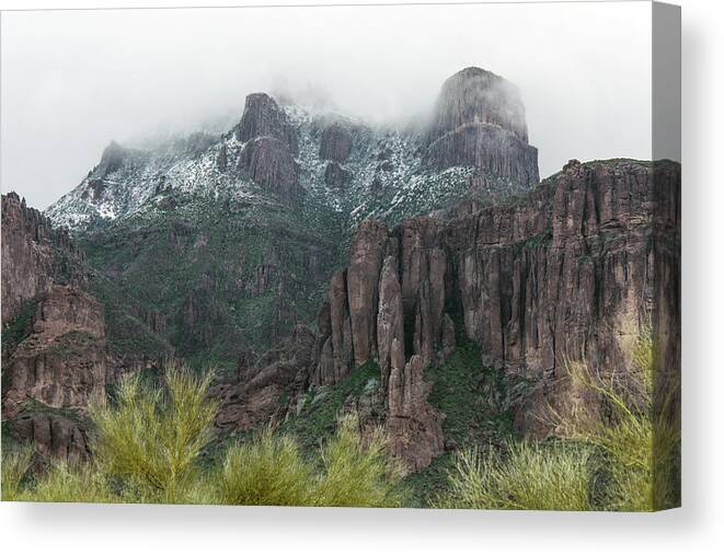 Superstition-mountain Canvas Print featuring the photograph Superstition Mountain with Snow 4622-021819 by Tam Ryan