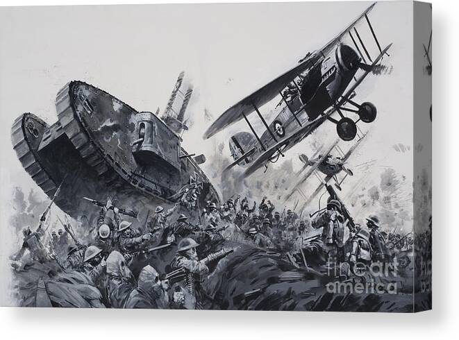 Warfare Canvas Print featuring the painting Tank And Plane During The First World War by Graham Coton