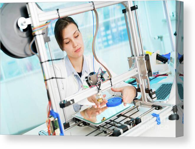 3d Canvas Print featuring the photograph Technician Working On 3d Printer by Wladimir Bulgar/science Photo Library