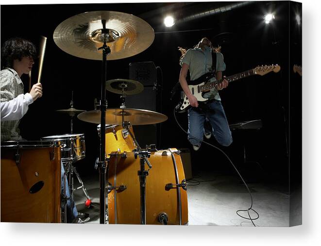 14-15 Years Canvas Print featuring the photograph Teenage 14-16 Band, Boy Playing Drums by Thomas Northcut