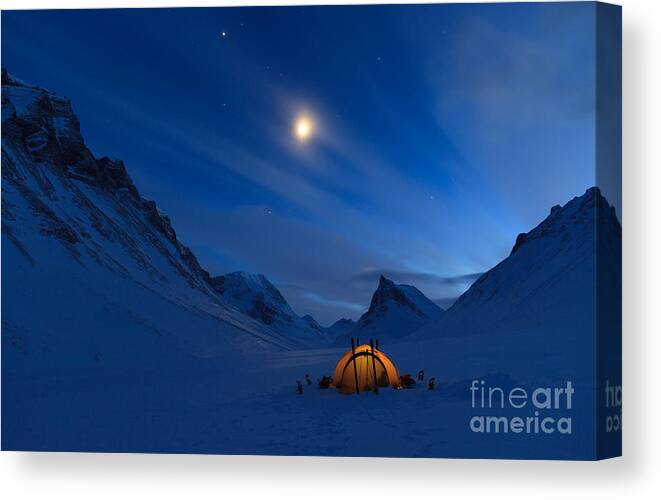 Tent Canvas Print featuring the photograph Tent In The Mountains On A Winter Night by Sander Van Der Werf