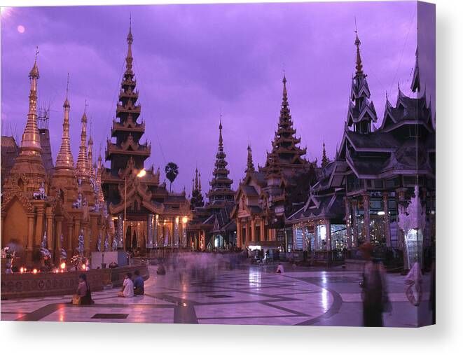 Southeast Asia Canvas Print featuring the photograph Terrace Of Shwedagon Pagoda At Dusk by Anders Blomqvist