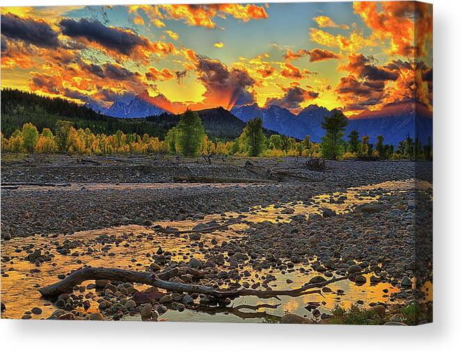 Grand Teton National Park Canvas Print featuring the photograph Teton Autumn Sunset Along Spread Creek by Greg Norrell