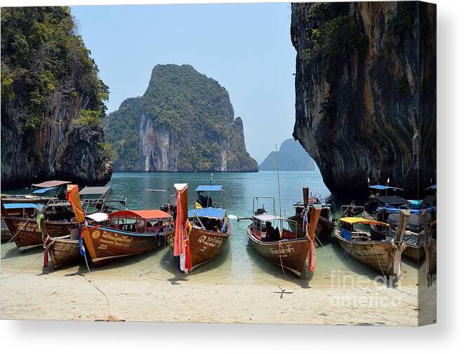 Islands Canvas Print featuring the photograph THAI Longboats by Thomas Schroeder