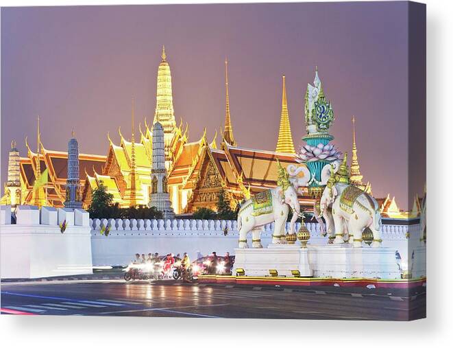 Estock Canvas Print featuring the digital art Thailand, Central Thailand, Bangkok, Grand Palace Complex, Wat Phra Kaew And Royal Palace Illuminated At Night by Luigi Vaccarella