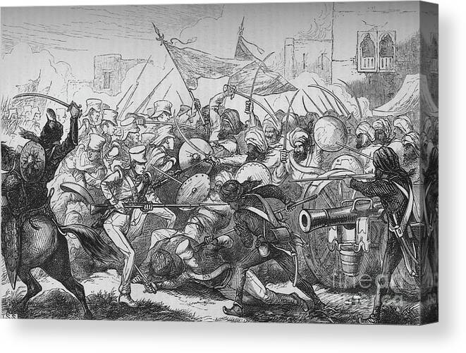 Engraving Canvas Print featuring the drawing The Battle Of Goojerat by Print Collector