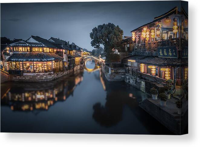 Water Canvas Print featuring the photograph The Canal Town In The Evening by Li Jian