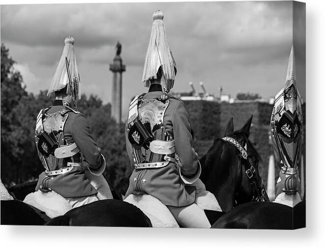 London Canvas Print featuring the photograph The Changing of the Horse Guard London UK United Kingdom Black and White by Toby McGuire