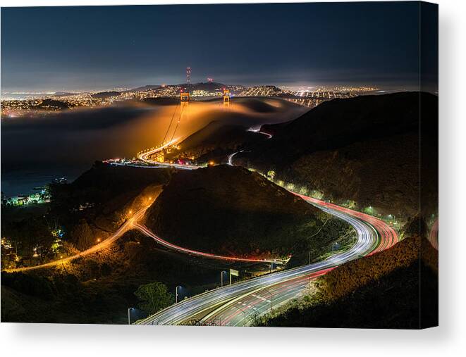 Fog Canvas Print featuring the photograph The Golden Gate Bridge by Chuanxu Ren