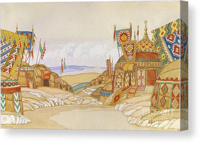 Music Canvas Print featuring the drawing The Polovtsian Camp. Stage Design by Heritage Images