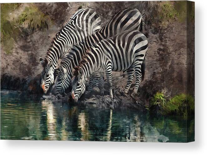 Zebra Canvas Print featuring the digital art The Waterhole by Peter Kennett