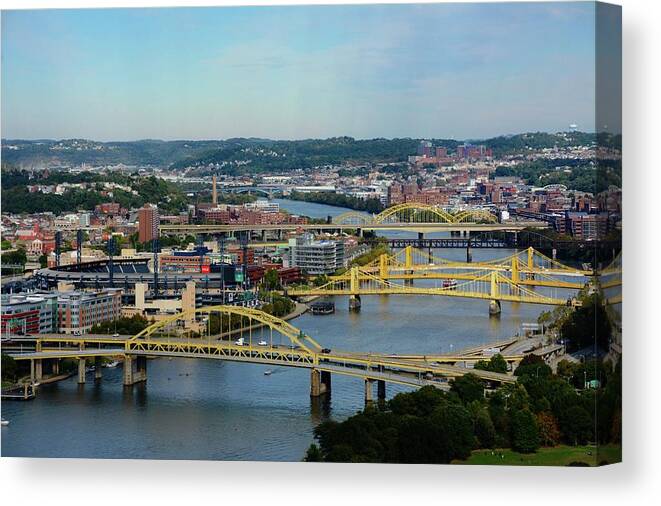 Downtown Pittsburgh Canvas Print featuring the photograph Three Rivers Bridges by Frani Wyner