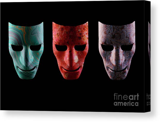 Mask Canvas Print featuring the photograph Three textured AI robotic face masks by Simon Bratt