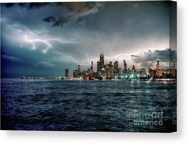 Chicago Canvas Print featuring the photograph Thunder and Lightning in the Dark City II by Bruno Passigatti