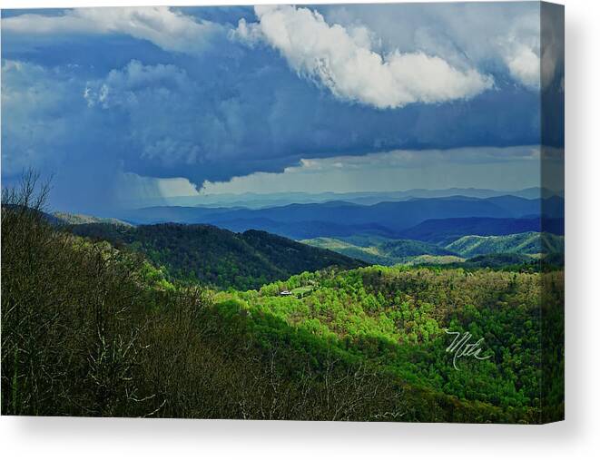 Thunder Mountain Canvas Print featuring the photograph Thunder Mountain Overlook distant rain by Meta Gatschenberger