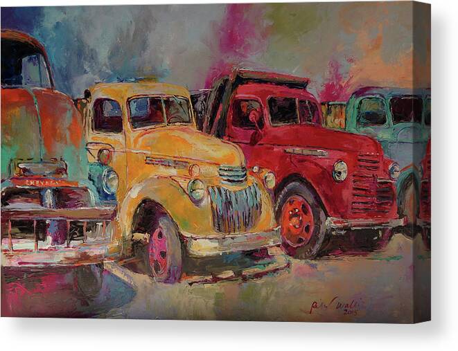 Antique Truck Canvas Print featuring the painting Trucks In Montrose by Richard Wallich