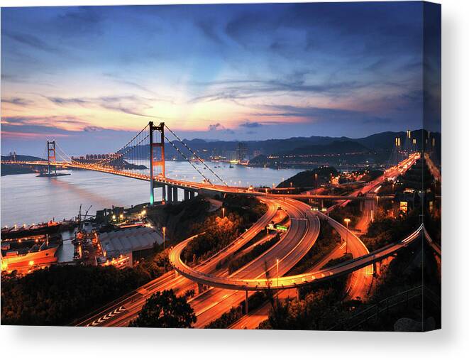 Built Structure Canvas Print featuring the photograph Tsing Ma Bridge In Sunset by Ryan Cheng Photography
