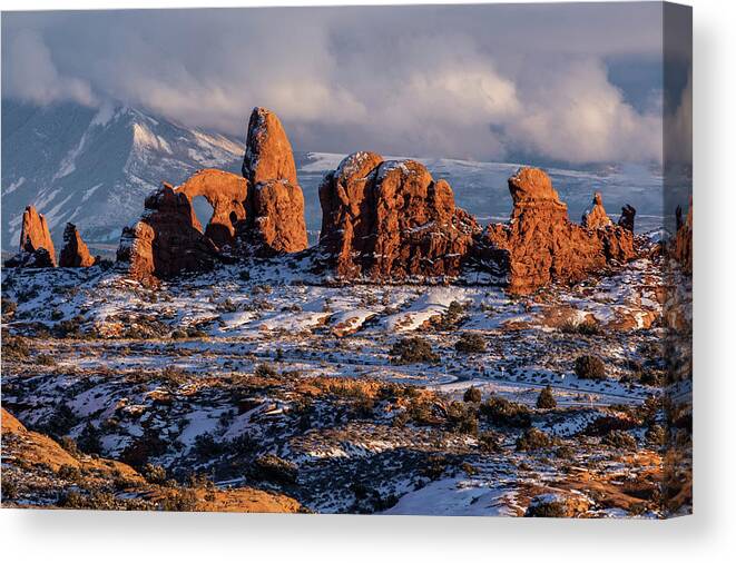 Arches National Park Canvas Print featuring the photograph Turret Arch Winter Sunset by Dan Norris