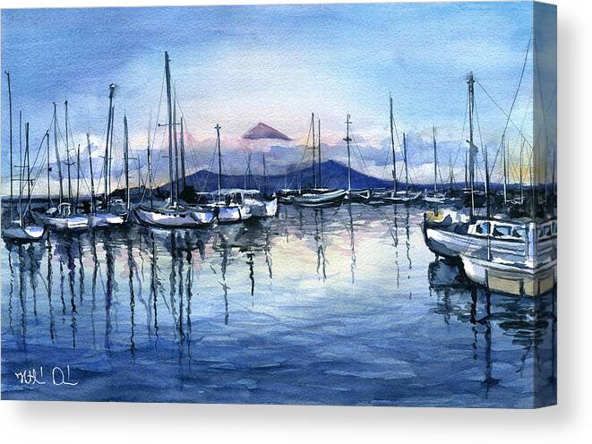 Marina Canvas Print featuring the painting Twilight at Horta Azores by Dora Hathazi Mendes